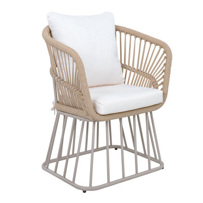 Ensemble de 2 chaises de salle à manger d'extérieur - Osier à finition teck avec structure en acier beige, capacité de 300 lb, avec coussin pour patio ou jardin