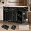 Îlot de cuisine K&K style ferme de 58 pouces avec rangement, porte coulissante de style grange et porte latérale en métal grillagé, îlot de cuisine roulant sur 5 roues avec porte-épices, porte-verres, table d'îlot avec abattant pour la cuisine.-1198935312-1198935324
