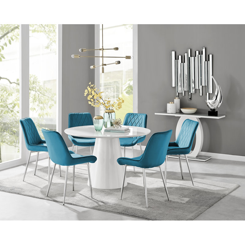 Edward Statement Pedestal Dining Table Set with 4 Luxury Velvet Upholstered Dining Chairs, White, Blue/Silver