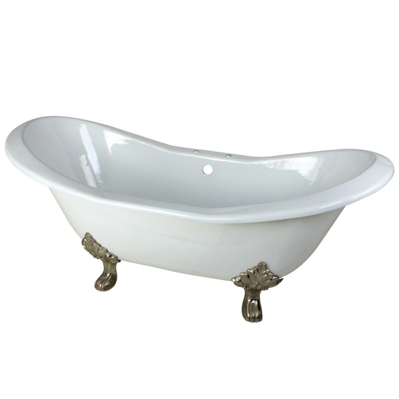 Kingston Brass Aqua Eden 72-Inch Cast Iron Oval Double Slipper Clawfoot Tub (7-Inch Faucet Drillings), Brushed Nickel