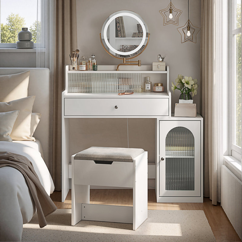 Bureau de coiffeuse avec miroir pivotant à 360 ° et lumières réglables