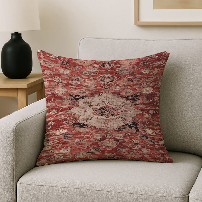 Coussin décoratif intérieur et extérieur Modern, Carré 16 po, Rouge rouille / crème / damas noir