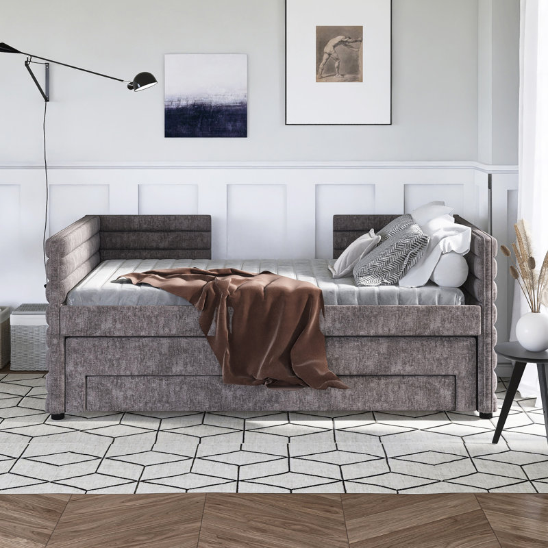 Lit de jour simple en L tapissier avec couchette, 3 tiroirs, Gris