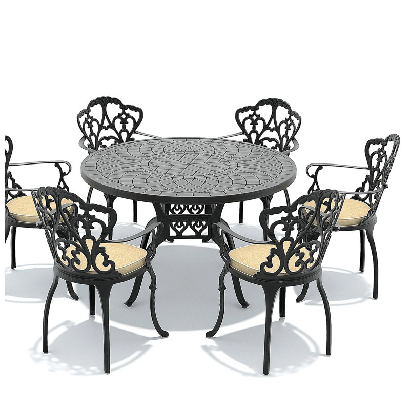 Ensemble de 7 pièces de mobilier de patio en aluminium coulé avec cadre noir et coussins de siège blanc cassé (identique à: W1710S00078)