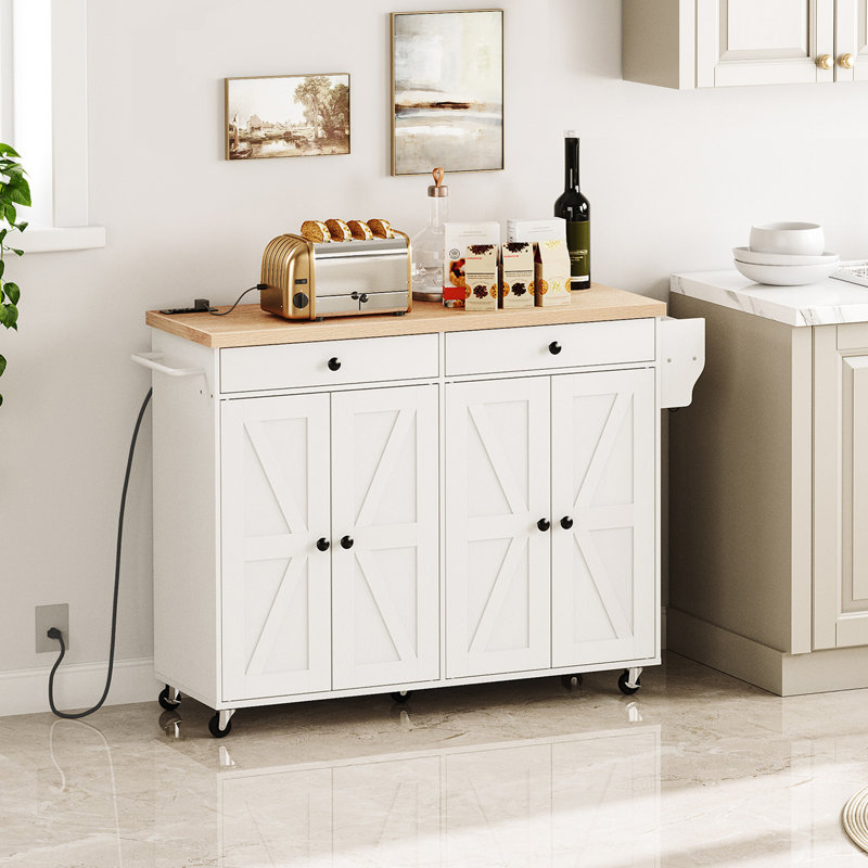 Jemal 43.3" Rolling Kitchen Island with Storage and Power Outlet, White