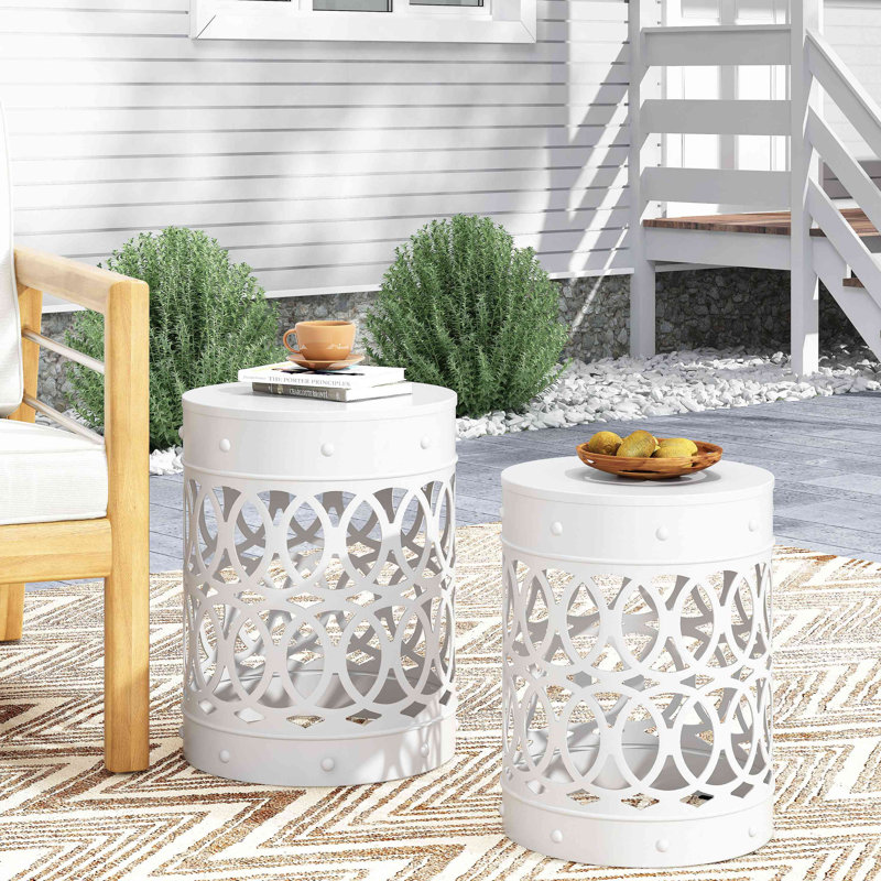 Ensemble de 2 tables de bout d'extérieur en métal, 2, White
