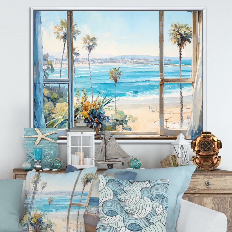 «Coastal Window View By The Beach IV» - art mural côtier, Cadre flottant blanc, H 30 po x l 40 po x P 1,5 po