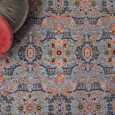 Tapis oriental rectangulaire en polyester tissé à la machine bleu / noir