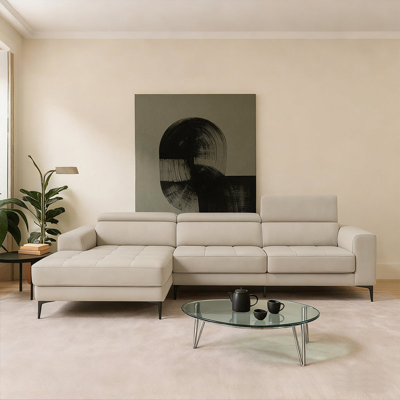  Canapé modulaire en L 109,3 po avec méridienne en cuir véritable avec repose-têtes réglables, gris, Cuir véritable gris