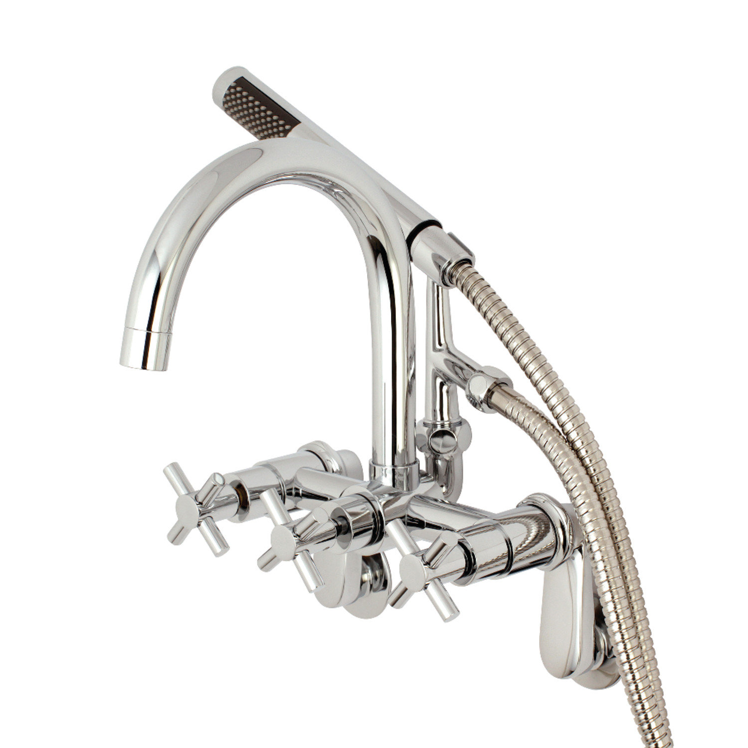 Kingston Brass Concord Three-Handle 2-Hole Tub Wall Mount Clawfoot Tub Faucet with Hand Shower, Polished Chrome