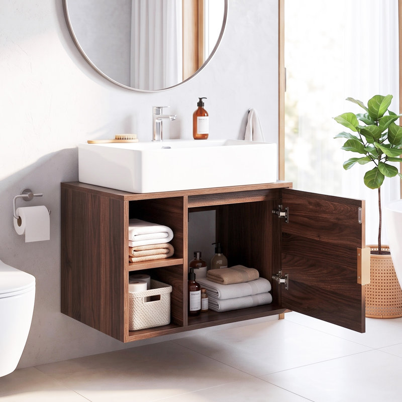 Armoire murale 24 po en noyer avec lavabo en céramique 1 porte, Noyer