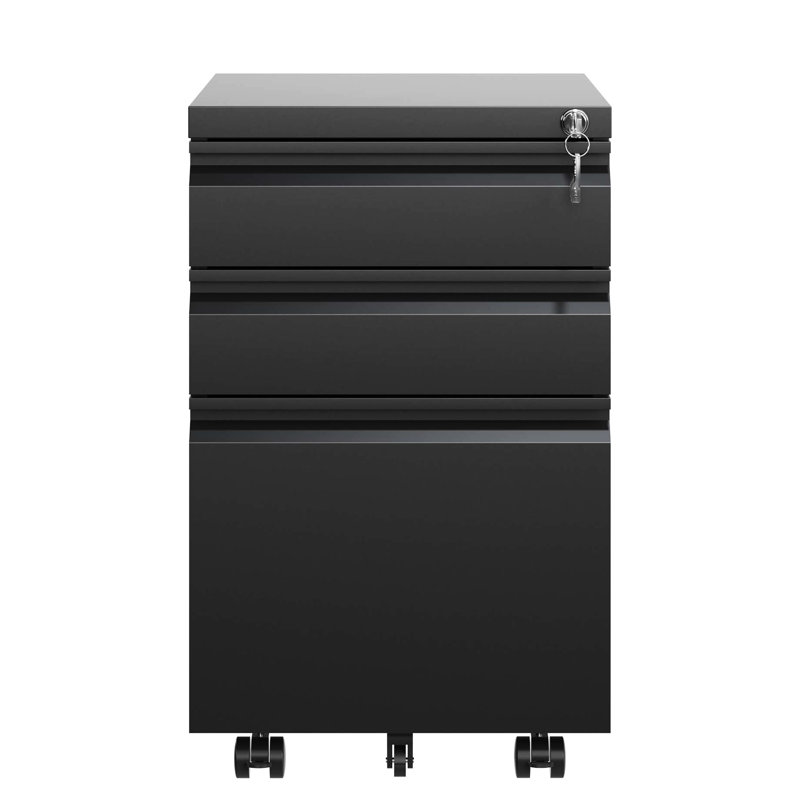 Metal Lockable 3 Drawer Filing Cabinet, Black, Fully Assembled, Home Office Organization, Build File Metal, Lock For Confidentiality Assurance, Space Saving Option Chosen