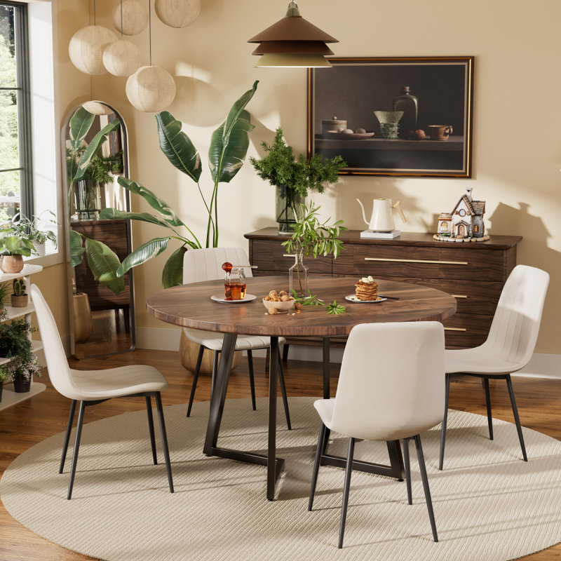 Ensemble de table de salle à manger ronde avec chaises en tissu d'ameublement en velours, 5, Noyer, Beige