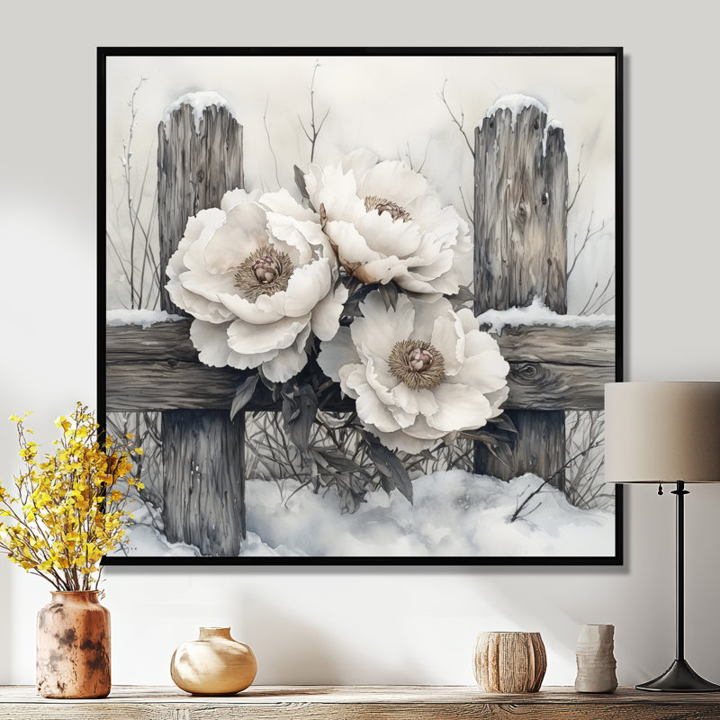 Pivoines d'hiver par la clôture enneigée III - pivoines, art mural sur toile, Impression encadrée flottante