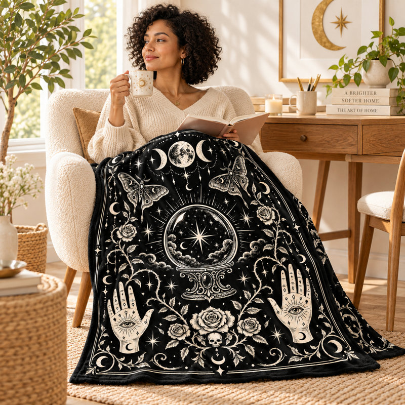 Celestial Moon Phase Blanket with Crystal Ball, Moths, Roses and Palmistry Hands, Black Ivory Flannel Throw for Couch, Bed, Reading and Travel, 30 x 40 in