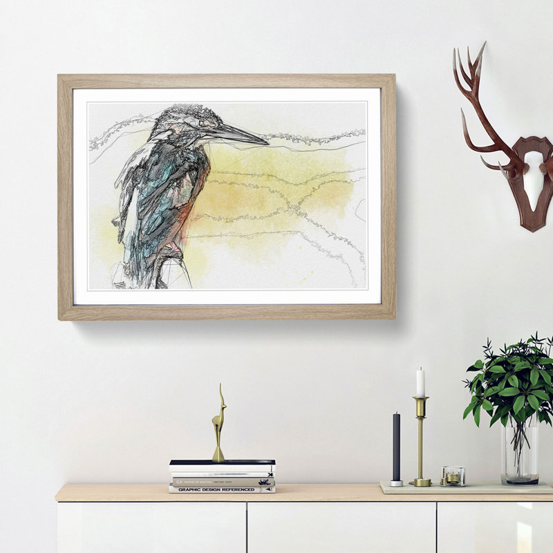Blue Kingfisher in Abstract - Picture Frame Drawing Print, Oak Framed, 62cm H x 87cm W x 2cm D