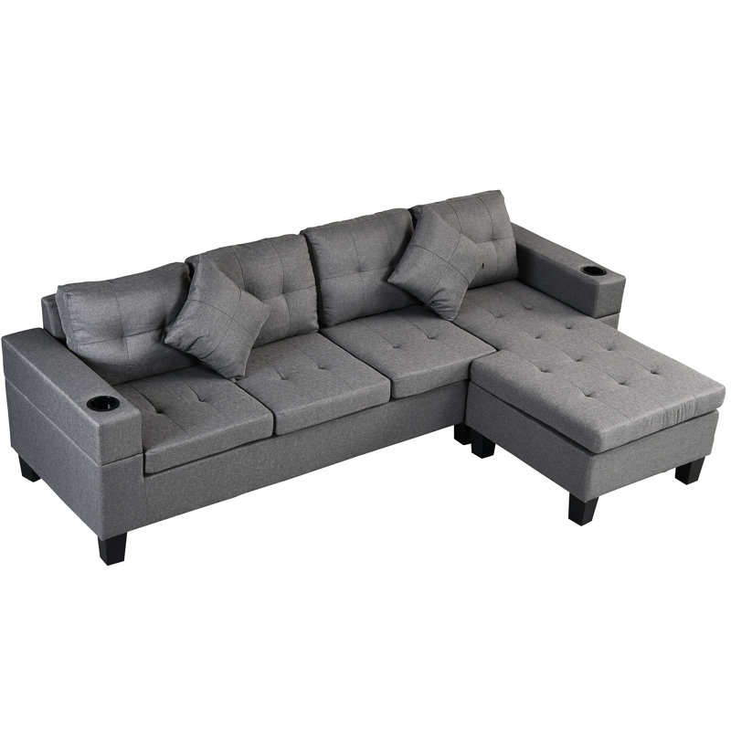 Canapé modulaire en forme de L avec porte-gobelet en tissu de lin gris pour des espaces de vie confortables et une pièce élégante
