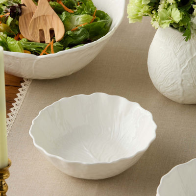 Le Jardin Set of 4 White Cabbage 3-D Soup Bowls 8.5" x 2.75" – Sculpted Ivory Stoneware Leaf Bowls – Heirloom Garden-Inspired Serveware for Soups, Salads, Pasta & Everyday Entertaining