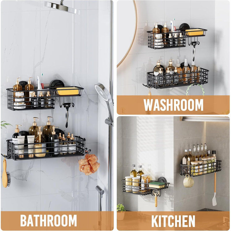 2 Pack Suction Shower Shelf With Hooks