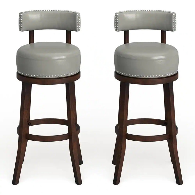 Ensemble de 2 tabourets de bar pivotants, 30 po de hauteur, structure en bois de chêne foncé, similicuir gris foncé | Idée cadeau