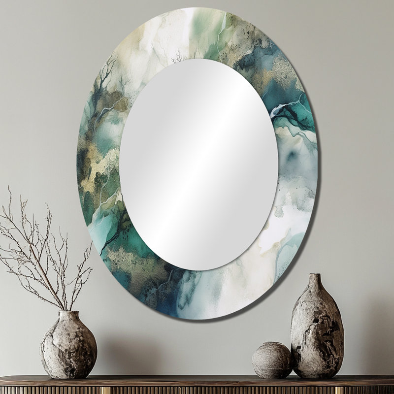 Green Blue Marbled Dreamscape I - Modern Oval Wall Mirror, 40" x 30"