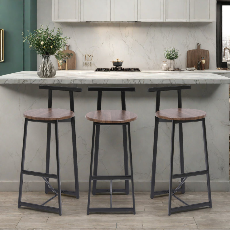 Set Of 3 Bar Stools With Backrest, Footrest And Metal Frame
