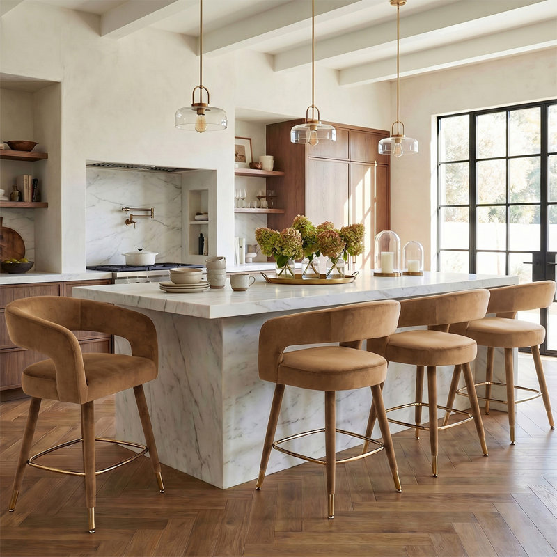 Tabouret de bar en velours à hauteur de comptoir avec repose-pieds doré, tabouret de comptoir pour îlot de cuisine 24 po