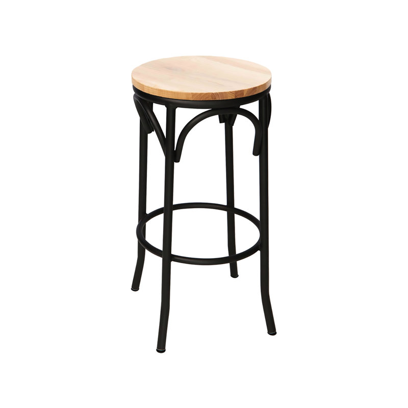 Tabouret de bar sans dossier Henry, siège en bois de frêne naturel - structure en acier - finition noir sable