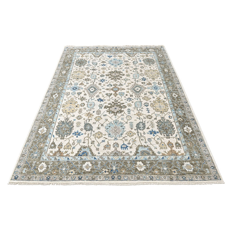 Tapis transitionnel beige en laine noué à la main 8 pi 11 po x 12 pi Oushak