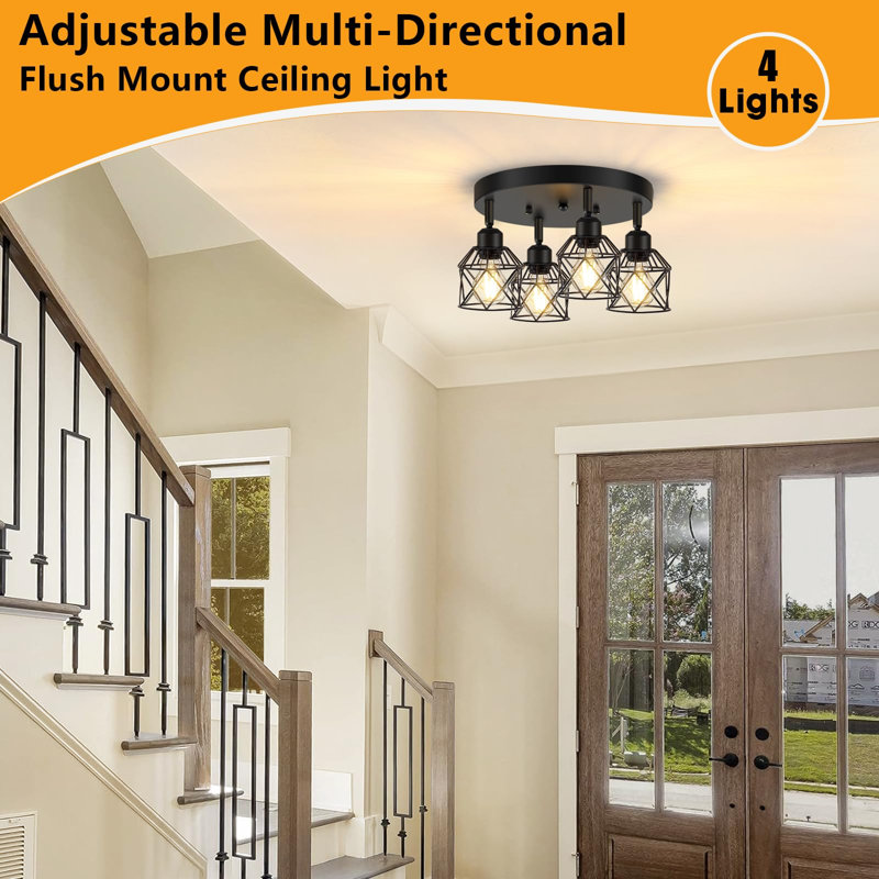 4-Light Kitchen Light Fixtures Ceiling Mount, Adjustable Multi-Directional Black Flush Mount Ceiling Light Fixture, Farmhouse Metal Cage Ceiling Lights