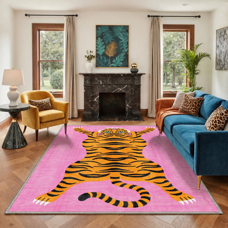 Tigris Animal Print Machine Washable Pink / Yellow / Black Indoor Area Rug with Non-Slip Backing, Rectangle 9' x 12'