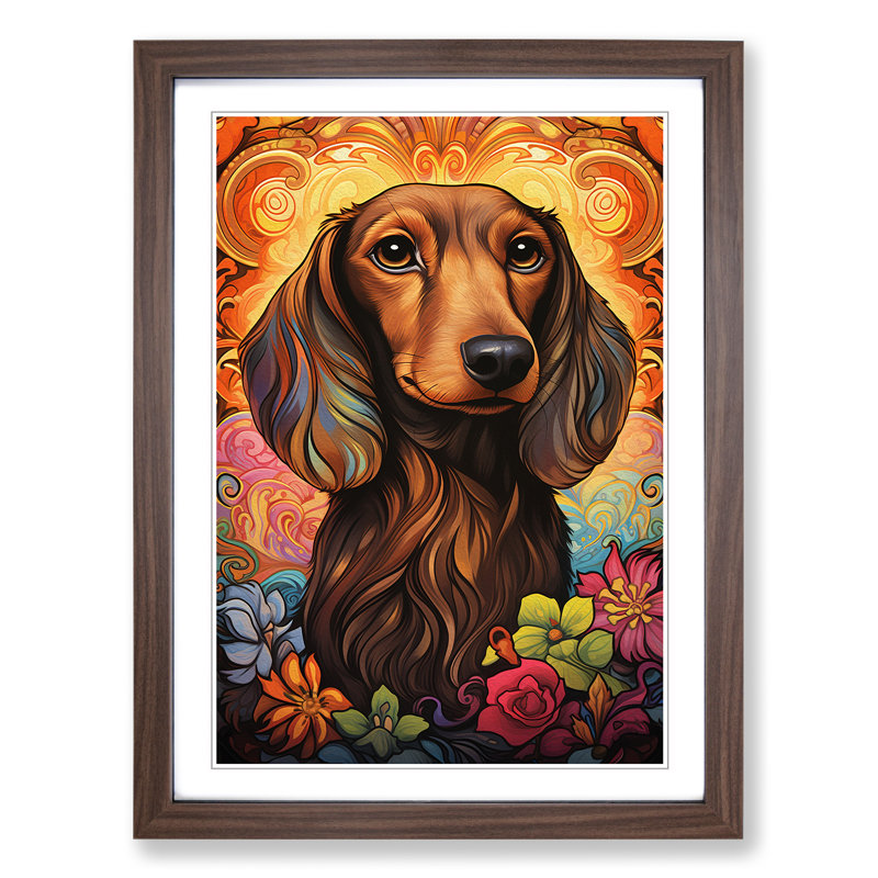 Dachshund Nouveau Framed Print, 34cm H x 25cm W x 2cm D, Walnut Framed