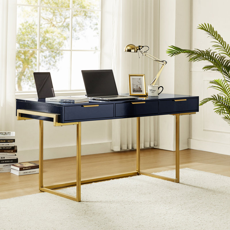 Rothi Modern 62'' W Rectangle Writing Desk with Built-in Charging Station and Cable Management and Slot Holders, Navy