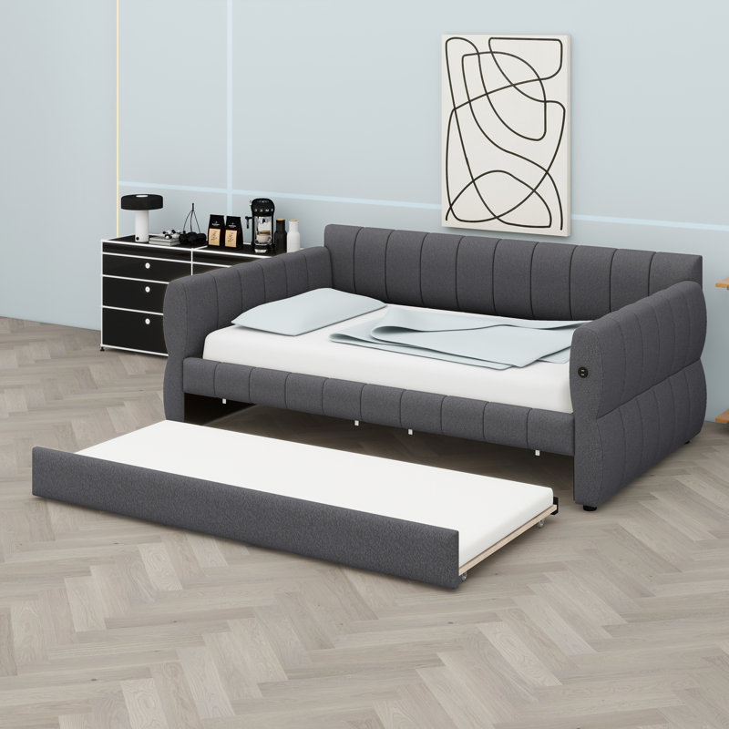 Lit tapissier Tech-Ready avec connectivité USB et lit gigogne en prime, Gris