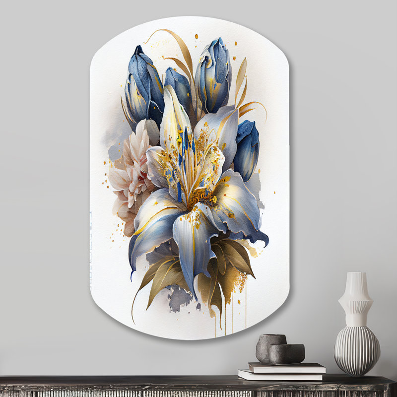 Art mural asymétrique en métal doré et bleu, H 31 po x l 19 po