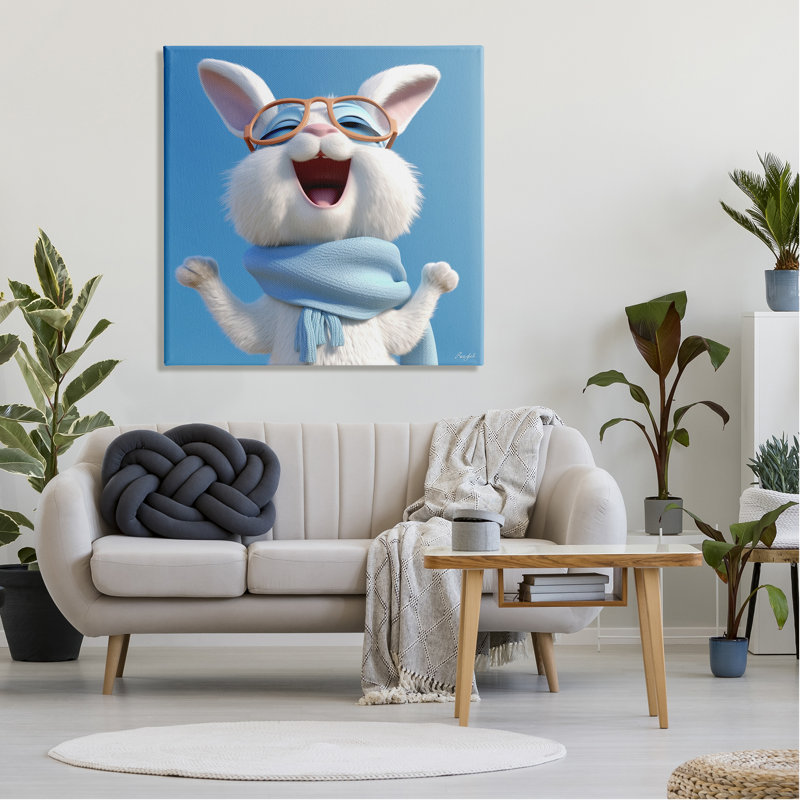 «Happy Rabbit in Blue» par Roozbeh, reproduction d'art sur toile tendue, H 36 po x l 36 po