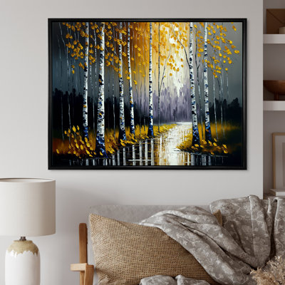 Monochromes de bouleaux dorés au bord de la rivière II - art mural sur toile paysage