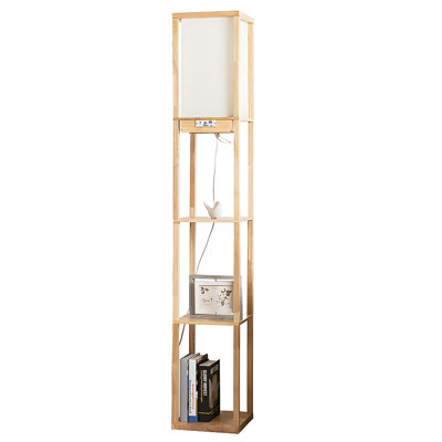 62.99"H Wood Floor Lamp with Shelves, Fabric Shade Standing Light for Living Rooms, Bedrooms & Homestays