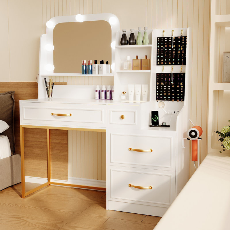 Makeup Vanity Desk with Mirror and Lights,Glass Top Dresser with Charging Station,Vanity Table with Storage and Jewelry Stand,Dressing Table,edroom Makeup Desk for Women,White