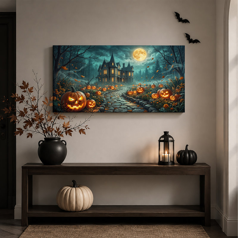«Haunted House Under Full Moon with Glowing Halloween», art mural sur toile, L 58 po x H 28 po