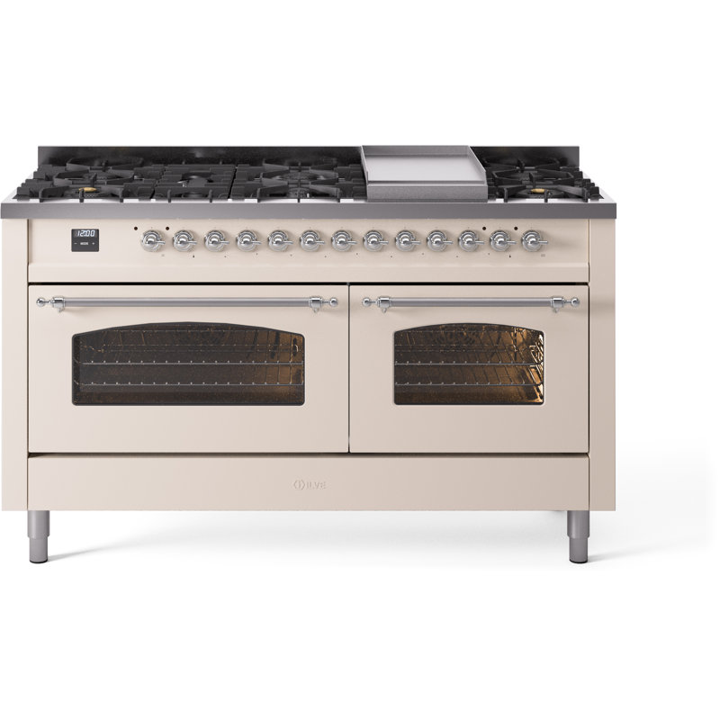 ILVE Nostalgie II Series 60 inch Dual Fuel Range with 9 Sealed Burners, Griddle (Glass Door), Antique White/Chrome