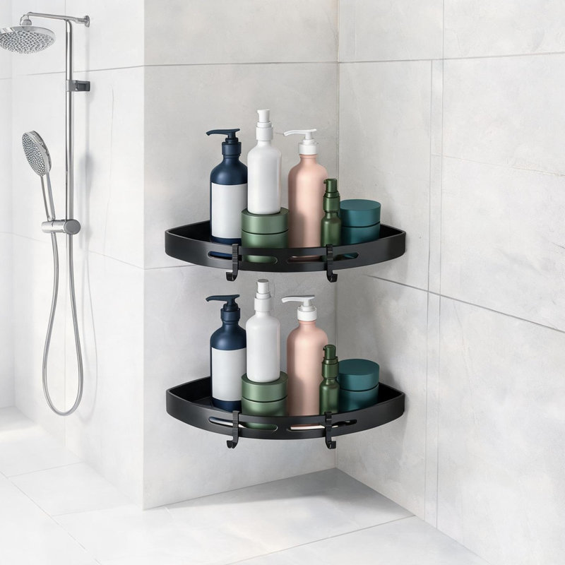 Étagère d'angle adhésive noire classique pour douche, support de rangement en aluminium sans perçage avec crochets pour l'organisation de la salle de bain