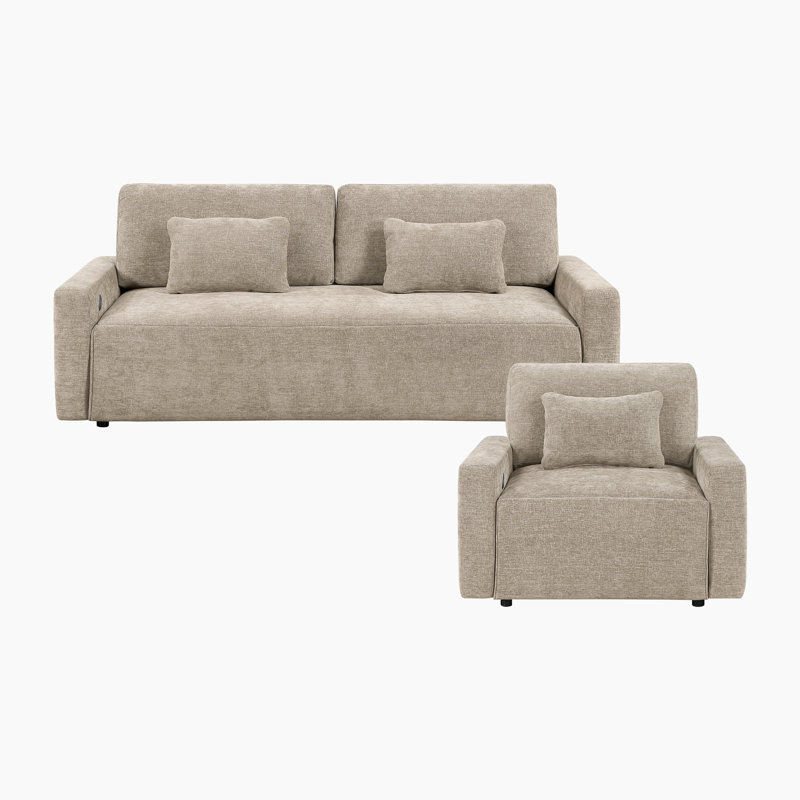 Garde Modern & Contemporary Textured Fabric 2-Piece Living Room Sofa Set with Built-In Charging Ports & Convertible Sleepers