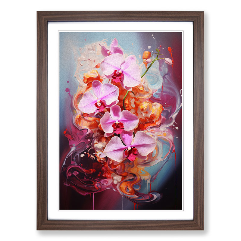 Orchid Flower Action - Single Picture Frame Print on Wood, 46cm H x 34cm W x 2cm D, Walnut