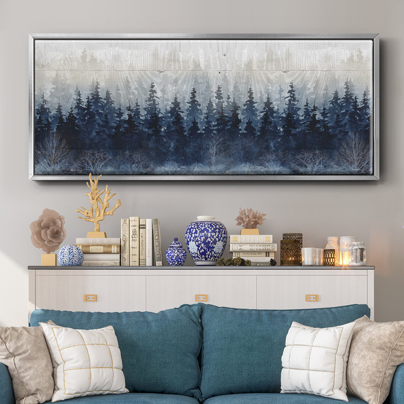 Misty Indigo Forest- Framed Canvas, H 20 po x l 50 po x P 1,5 po, Argent