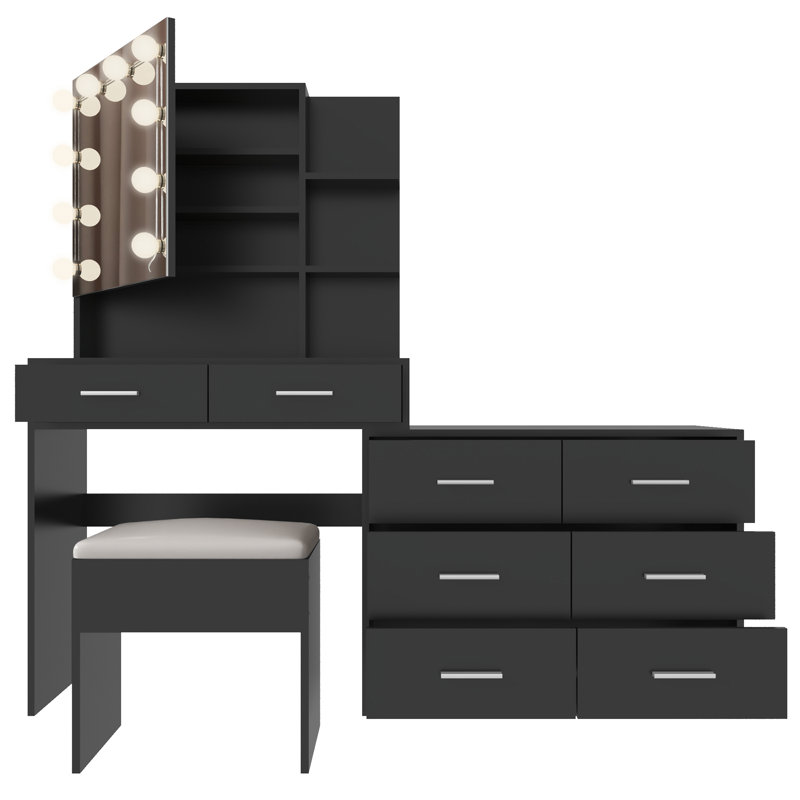 Ensemble de coiffeuse de maquillage avec lumières, prise USB et prise de courant et 8 tiroirs, Noir, noir, noir, noir