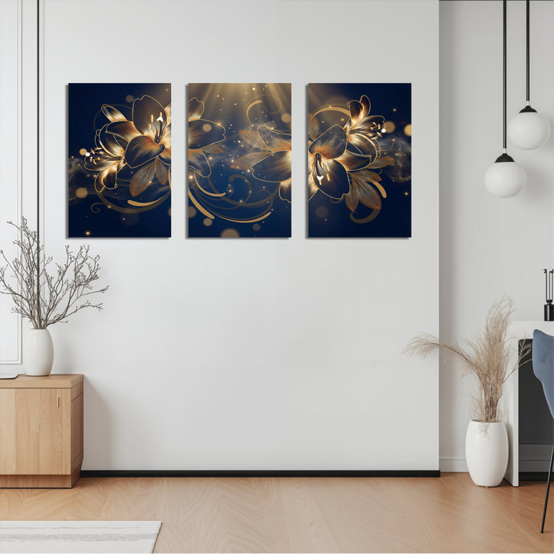 Ensemble de 3 tableaux muraux sur toile représentant des orchidées dorées, parfaits pour la décoration du salon et de la chambre.