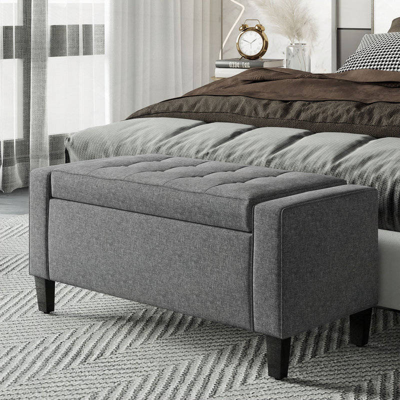 Banc de rangement rembourré avec rangement en lin avec dessus relevable et capitonnage à boutons pour le salon, Gris