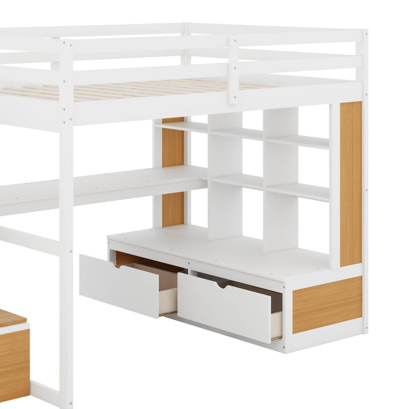 Lit mezzanine double avec bureau, tablettes et tiroirs, Blanc/naturel