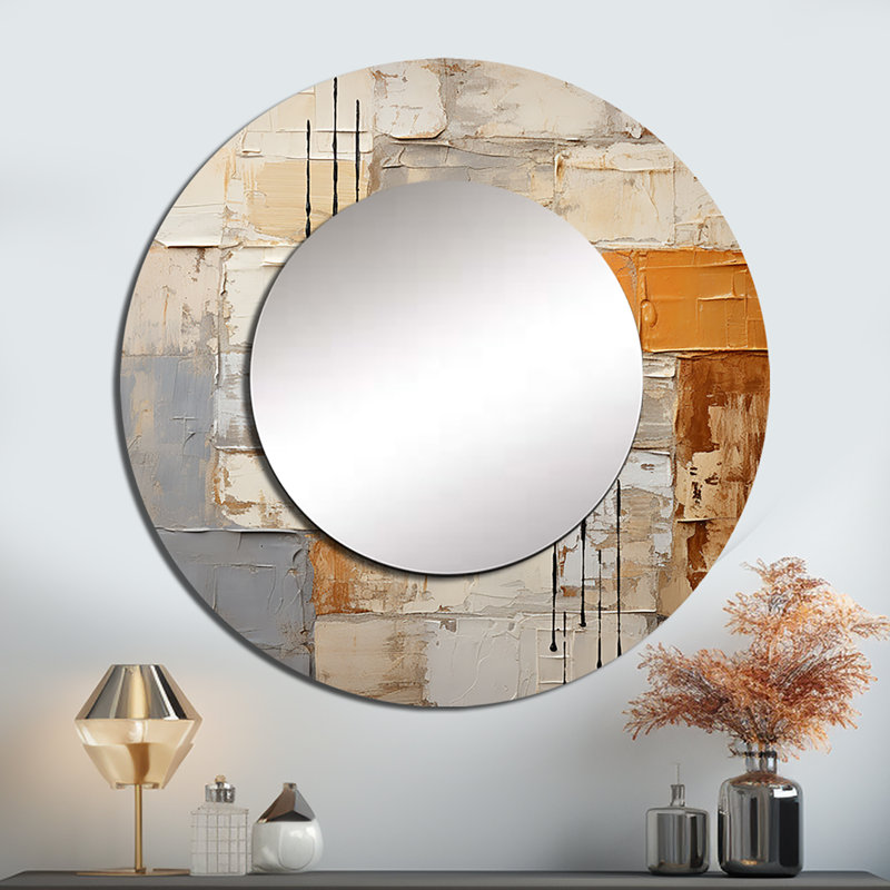 Pazo Abstraction I - miroir à collages abstraits, miroir mural rond jaune unique, impression sur métal, 29 po x 29 po